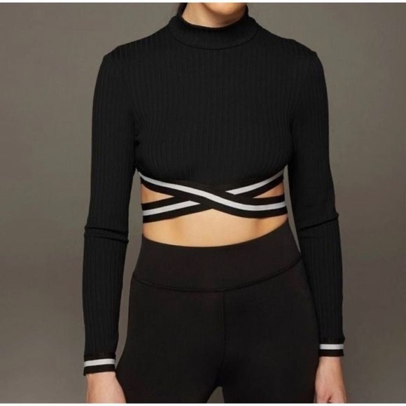 MICHI Apex Ribbed Long Sleeve Top Criss Cross Strap Cropped Black